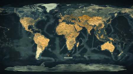 Highly detailed vintage-style world map in dark retro tones, highlighting countries and borders for a classic look.の素材