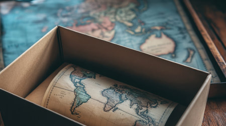 An open box revealing contents with a world map in the background.の素材
