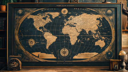 Dark-themed antique world map with intricate details and retro-style typography, perfect for decor or education.の素材