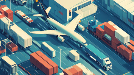 Illustration of the global economy with freight trucks and airplanes.の素材