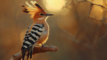Close-up of an Eurasian hoopoe bird perched on a branch, bathed in the soft light of early morning.の素材
