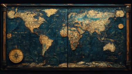 Dark-themed antique world map with intricate details and retro-style typography, perfect for decor or education.の素材