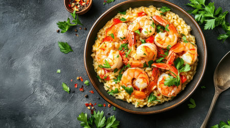 Seafood risotto with shrimp, scallops, and saffron, garnished with parsley.の素材