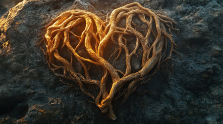 Digital art of intertwined roots forming the shape of a heart, portraying resilience and unity.の素材