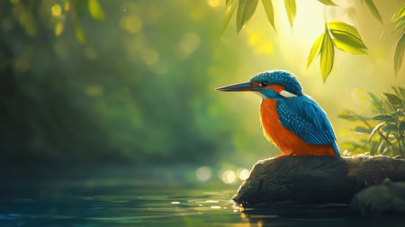 Brightly colored kingfisher bird resting near a stream, its vivid plumage glowing in gentle sunlight.の素材