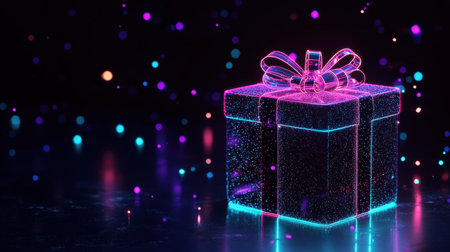 Futuristic low-poly present glowing in neon lights with festive sparkles on a dark background, ideal for tech-themed promotions.の素材