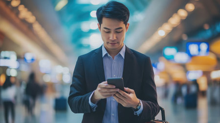 Asian businessman walking through a high-tech airport terminal, suitcase in hand, and focused on his mobile device.の素材