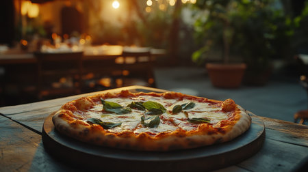 Italian pizza Margherita being served at an outdoor trattoria.の素材