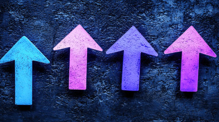 Glowing neon arrows in electric blue and purple, pointing forward against a sleek dark background.の素材