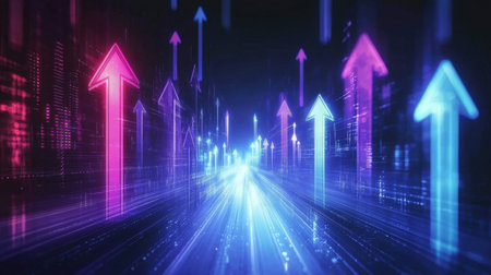 Glowing neon arrows in electric blue and purple, pointing forward against a sleek dark background.の素材