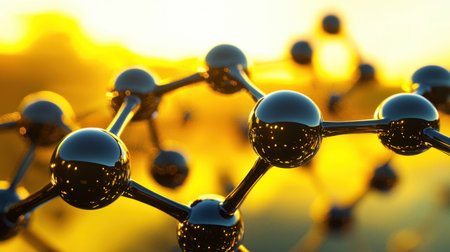 3D rendering of an abstract molecular network with metallic textures and soft glowing reflections.の素材