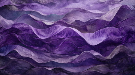 Deep royal purple abstract design with silky waves flowing across a textured metallic surfaceの素材