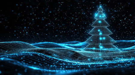 Cyber Christmas tree glowing in neon blue, made of interconnected network nodes.の素材
