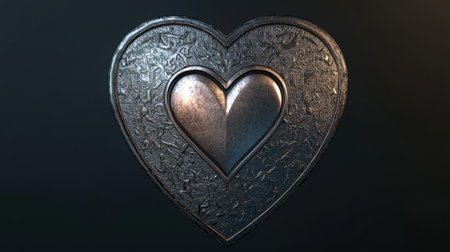 Metallic shield with an engraved heart design at its core, representing safety and love.の素材