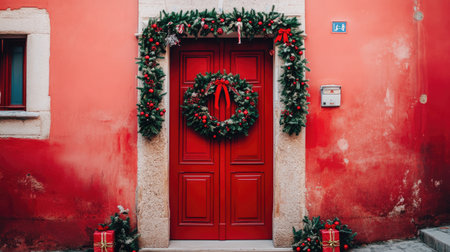 A vibrant red door adorned with a Christmas wreath and presents, set against a rustic wall, evoking a warm and festive holiday spirit. Ideal for seasonal themes.の素材
