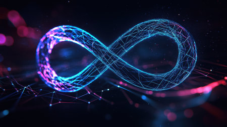 Sci-fi inspired infinity symbol glowing with electric blue neon lines, floating in digital spaceの素材
