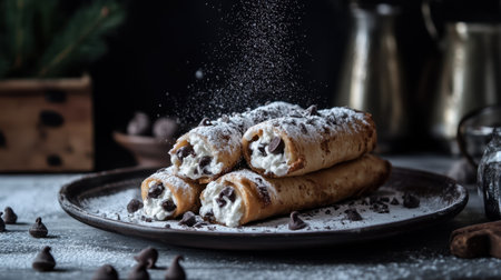 Cannoli filled with ricotta and chocolate chips, dusted with powdered sugar.の素材