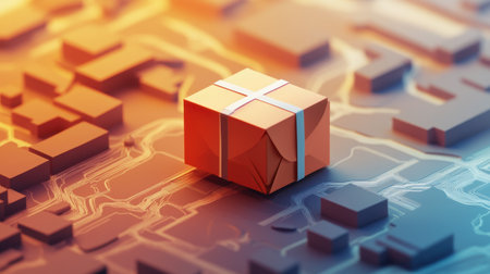 Illustration of a package traveling along a digital map.の素材