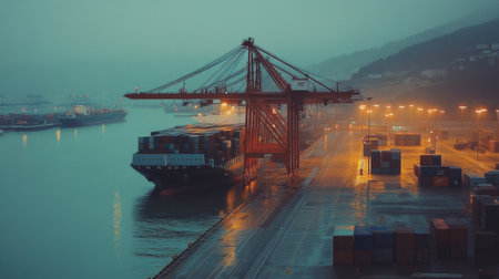 A container ship docked at a busy international port.の素材