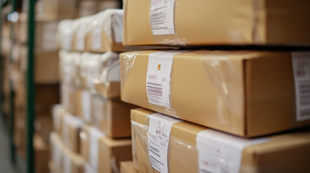 Stack of packages with customs labels ready for international delivery.の素材