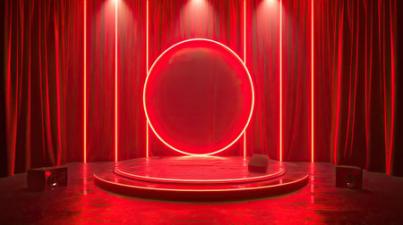 3D podium with a red light backdrop, featuring a curtain and spotlight, ideal for award presentations.の素材