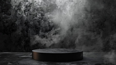 Dark, concrete wall with a black podium and smoky atmosphere, creating a dramatic setting for product displays.の素材