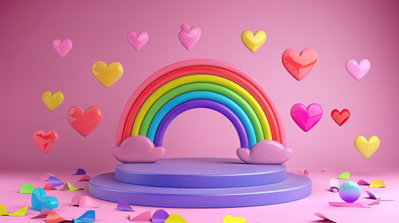 3D background of LGBT pride month platform display with a rainbow flag podium, perfect for LGBTQ day posters and pride month banners, featuring community love and transgender heart symbols.の素材