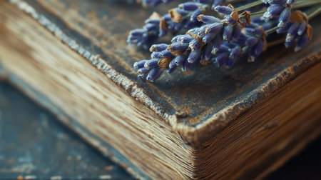A close-up of a dried lavender sprig placed on the textured cover of an antique book, evoking a nostalgic moodの素材