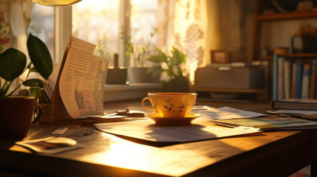 A comforting office setup with a tea cup and scattered papers, illuminated by golden afternoon lightの素材