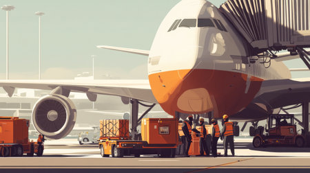 Workers unloading a cargo plane at an international airport.の素材
