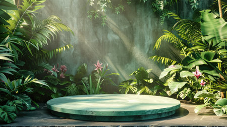 3D green wood display pedestal set in a jungle backdrop, surrounded by lush tropical plants, ideal for summer cosmetic presentations.の素材