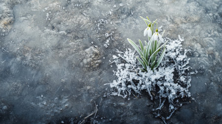 A close-up of a snowdrop surrounded by frost, its purity standing out against the cold, textured groundの素材