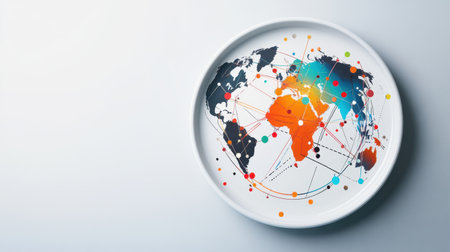 A creative plate design with arrows and connections forming a global supply chain, highlighting the movement of goods worldwideの素材