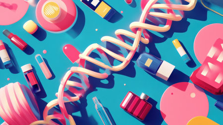 A creative depiction of DNA intricately interlaced with products, illustrating their unique selling points with radiant designの素材