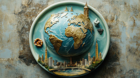 A conceptual plate with a 3D globe and miniature landmarks, representing the world cultural richness in a single compositionの素材