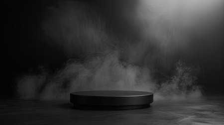 Smoky, black background with a dark podium, ideal for creating a dramatic and mysterious display scene.の素材