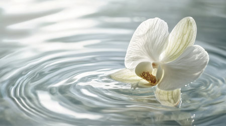 A closeup of a delicate orchid petal floating gracefully on still water, with gentle ripples and soft lightingの素材