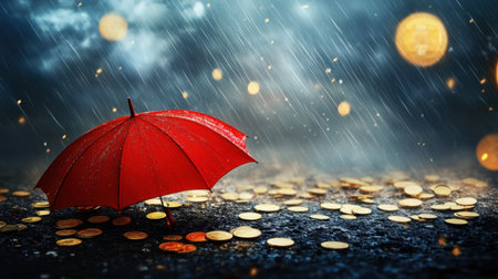 A bold red umbrella amidst a stormy backdrop, with golden coins scattered around, representing wealth, security, and optimismの素材
