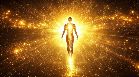 A creative representation of quantum gates, symbolized by radiant light transformations and interconnected energy flowsの素材