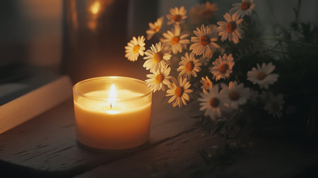 A delicate spray of daisies placed next to a lit candle, their petals glowing softly in the flickering lightの素材