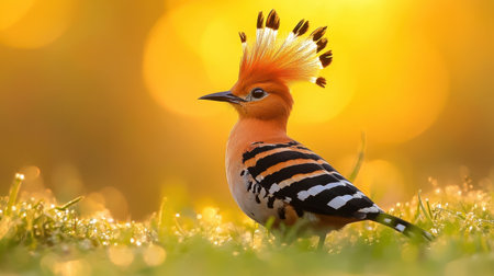 Vibrant Eurasian hoopoe bird on dewy grass at sunrise, with its striking crest illuminated by golden light.の素材