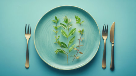 A conceptual plate design featuring plants growing as symbols of global startup growth and innovation, with utensils nearbyの素材