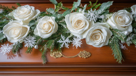 A gentle winter casket display of white roses, delicate snowflakes, and evergreen sprigs resting on a polished wooden casketの素材