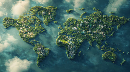 A conceptual green world map showing cities seamlessly integrated with lush nature, symbolizing sustainability and progressの素材
