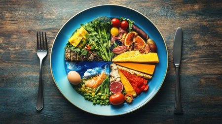 A plate divided into colorful sections, each representing a sector like agriculture, technology, and finance, symbolizing global economiesの素材