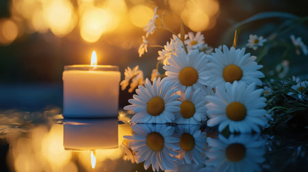 A serene arrangement of daisies near a solitary candle flame, exuding warmth and reflectionの素材