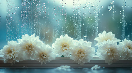A serene view of white chrysanthemums placed on a raindrenched window sill, drops streaming down the glassの素材