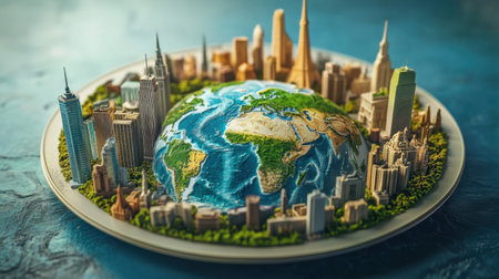 A conceptual plate with a 3D globe and miniature landmarks, representing the world cultural richness in a single compositionの素材