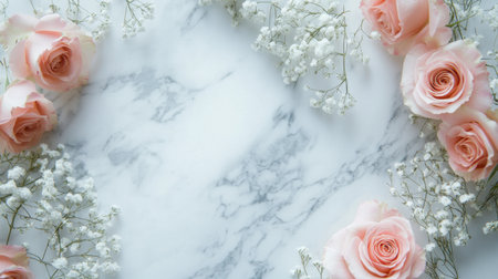 A serene wreath of roses and baby breath lying on a marble surface, their soft colors creating a peaceful tributeの素材
