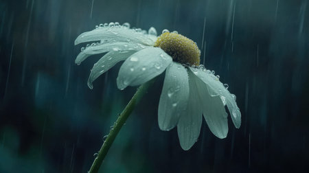 Close-up of a white daisy drooping in the rain, with translucent dewdrops clinging to its petalsの素材